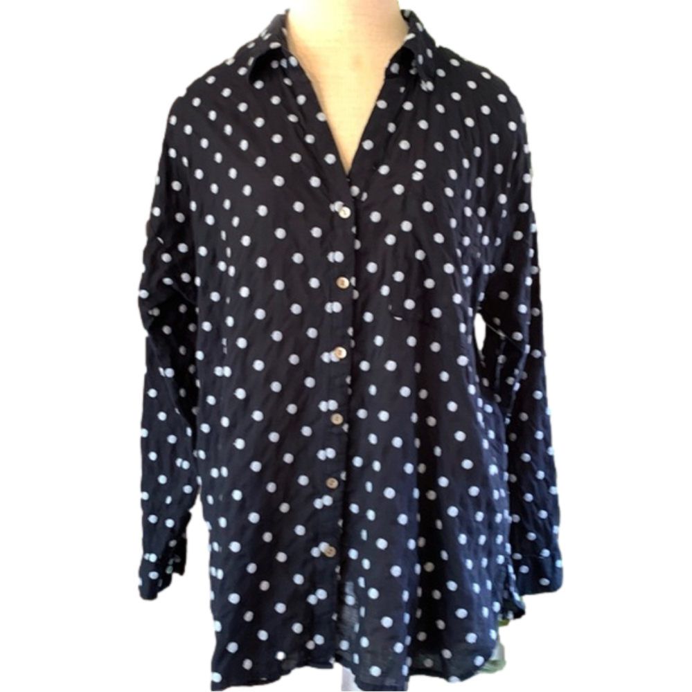 3-$30 J Jill large button down navy blue top with light blue polka dots